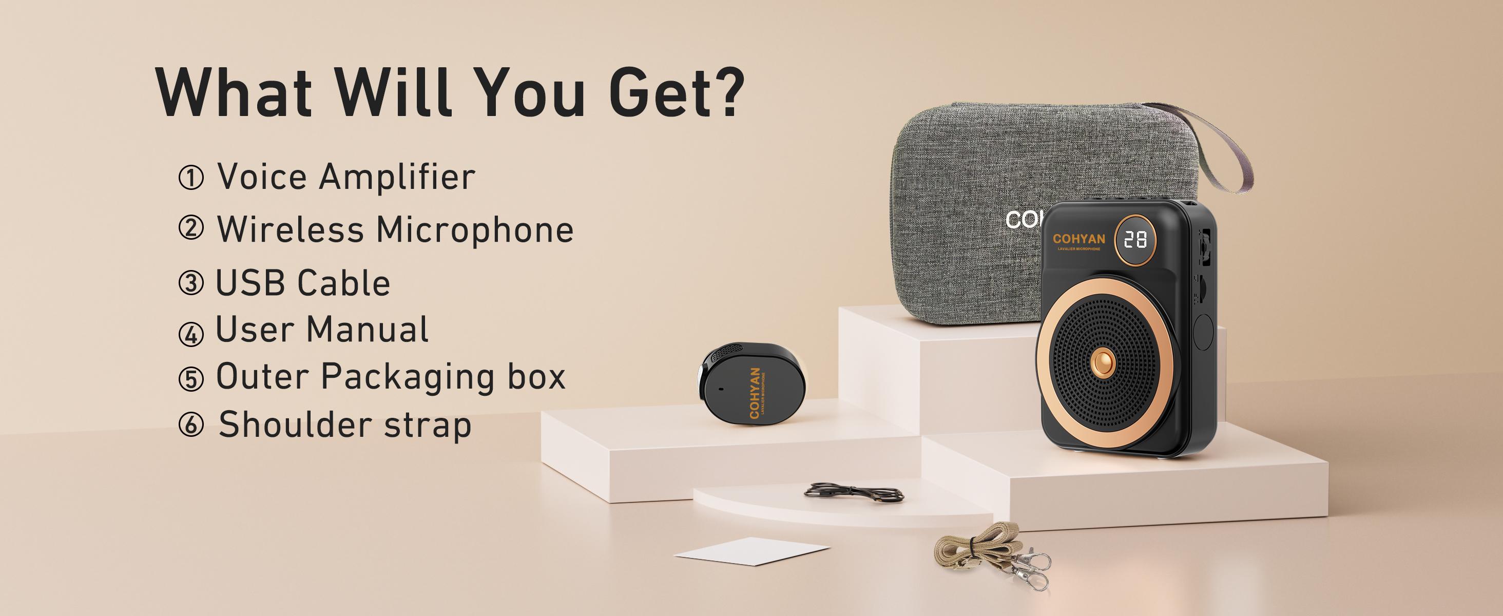 【COHYAN K28】 Voice Amplifier for Teachers with Wireless Lavalier Lapel Microphone Portable Bluetooth Microphone & Speaker, Rechargeable Bullhorn Megaphone for Classroom, Meetings, Yoga, Training, Tour Guides-Beige Black