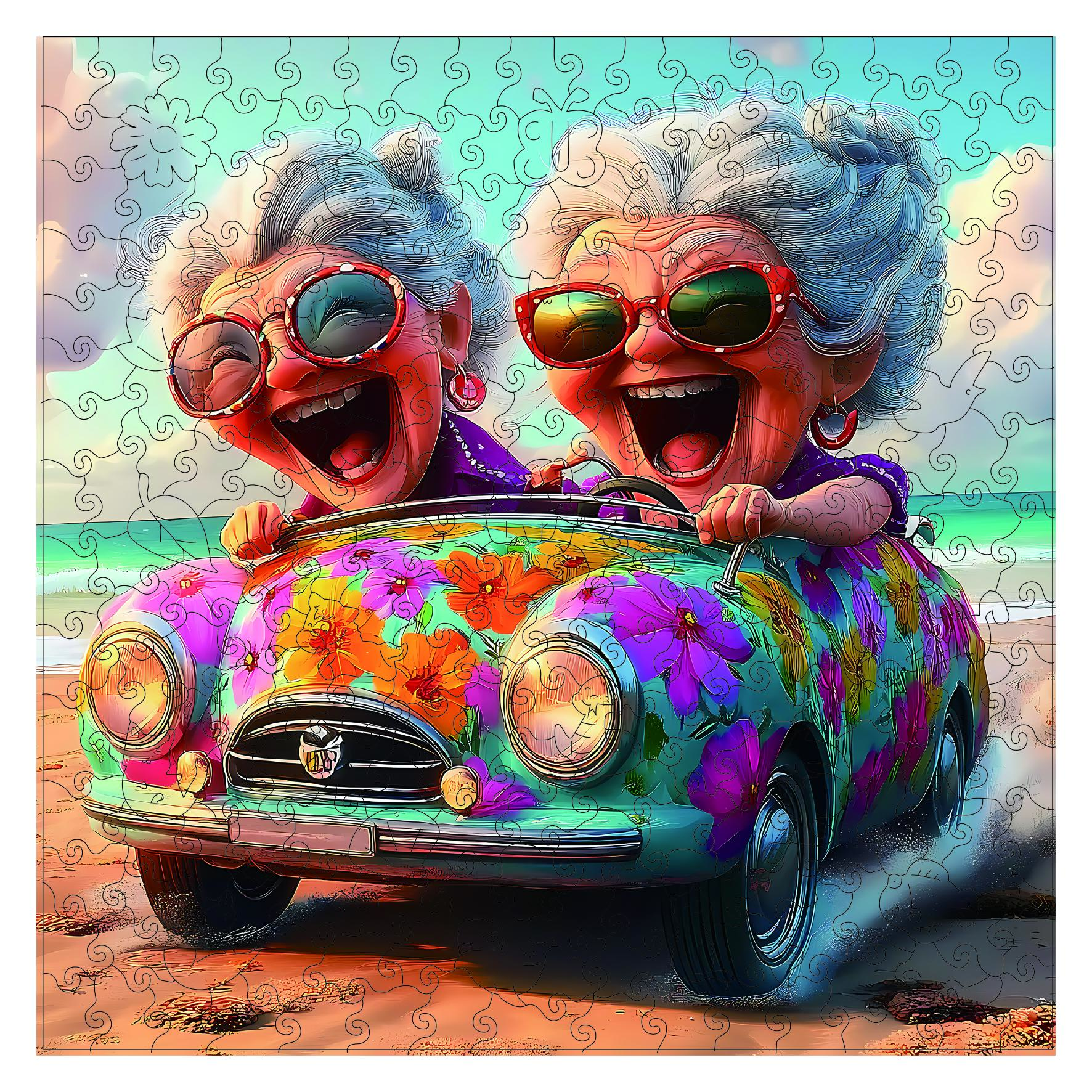Cartoon Old Man Beach Self-Driving Wooden Puzzle,  Irregular Animal Shaped Unique Wooden Jigsaw Puzzle, Special Holiday Gifts for Friends Family Modern Art Home Decor