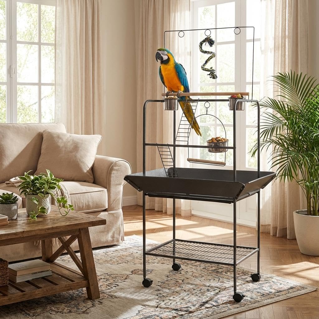 Bird PlayStand, 62 Inch Parrot Stand with Wheels, Bird Stand Activity Play Center with Perches and Ladders, Indoor Outdoor Playground with Swing for Parakeet, Cockatiels Conures Macaw