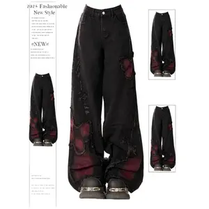 Women's Baggy Butterfly Jeans Vintage 90s Aesthetic Cowboy Pants Harajuku  Y2k 2000s Black Gothic Clothes