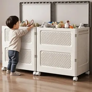 Cream-colored foldable storage box with lid and wheels, large-capacity collapsible storage box, dustproof and moisture-proof storage for clothes, toys, blankets, and household use, stackable and easy to move