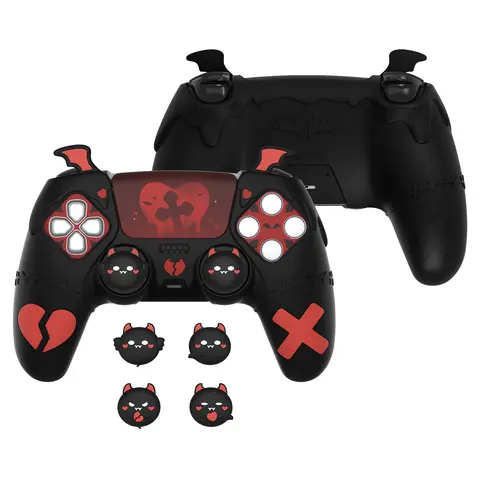 PlayVital Gothic Imp Cute Silicone Console Case with 4 Thumb Grip Caps, Stickers, Compatible with PS5 (Including Charging Station), Xbox Series X/S & Nintendo Switch Pro Grip Controllers - Black Devil Wings, Halloween Gaming Accessories for Console Gamers