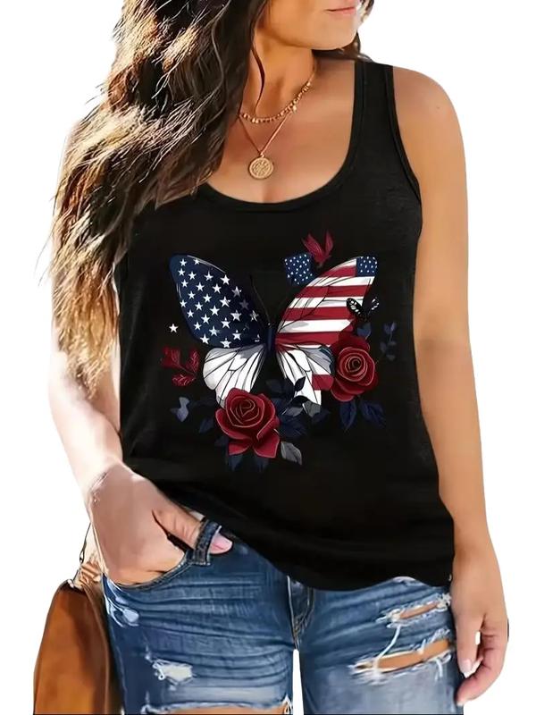 Women's Scoop Neck American Flag Butterfly Wings Tank Top - Patriotic Red Roses Floral Sleeveless Tee, Feminine Fabric 4th of July Everyday Casual Vest with Denim Matching Potential, Accessories
