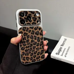 Large Window Glitter Bling Leopard Print Phone Case for iPhone 17 Pro Max 16 Pro Max 16 15 14 13, Luxury Fashion Leather Texture, Accessories, Shockproof Anti‑Drop Full Protection Protective Cover
