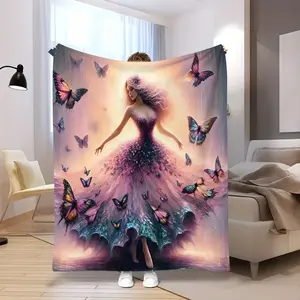 Butterfly Fairy Digital Print Flannel Throw Blanket - Soft Comfortable, All-Season, Multi-Purpose For Sofa, Bed, Office, Camping Gift - Contemporary Style, Knitted Fabric, Polyester Cover, Mixed Colors, Machine Washable
