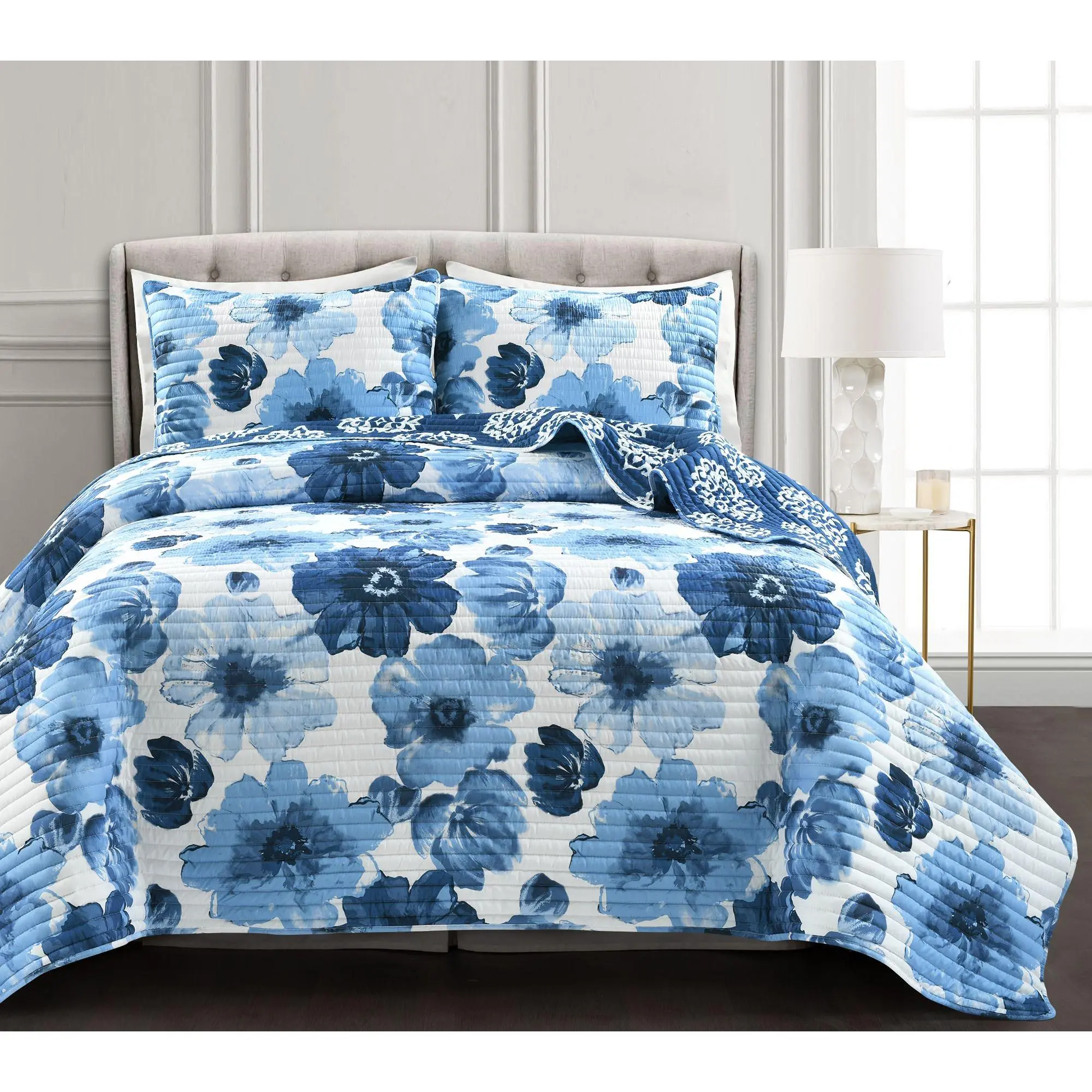 Lush Decor Leah Reversible Quilt Navy/White 3PcSet King