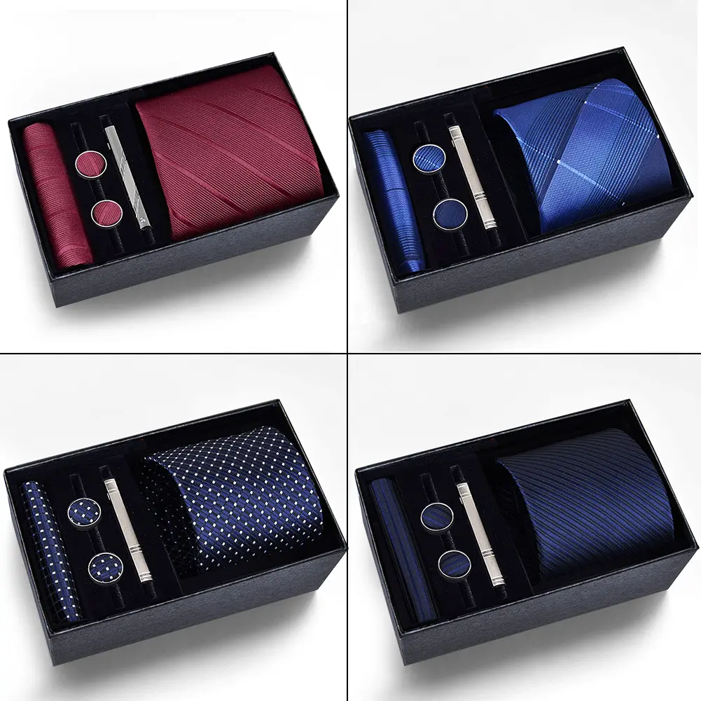 [fathersdaygift]5 Packs Men’s Necktie Set, Formal Business Tie with Pocket Square, Cufflinks and Tie Clip, 4 Classic Patterns Stylish Dress Tie Collection for Wedding, Office, Party Formal Occasions, Ideal Gift for Men