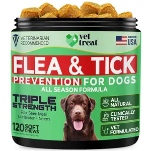 VET TREAT Flea & Tick Prevention for Dogs Chewables - Natural Dog Treatment with Flax Seed Neem & Coriander - All Breeds & Sizes - 120 Soft Chicken Chews - Made in USA - Clinically Tested