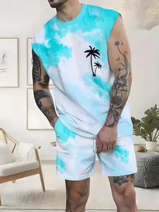 Men's Sleeveless Top with Tropical Palm Tree Print Shorts Set, Summer Casual Trendy Two-Piece Outfit, Fitted Regular Length, Natural Waist, Shorts Sets Outfits
