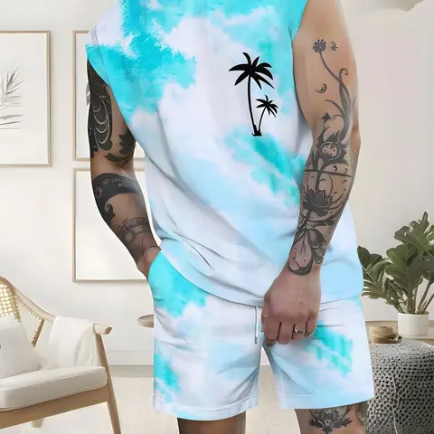Men's Sleeveless Top with Tropical Palm Tree Print Shorts Set, Casual Trendy Vibe Matching Two-Piece Summer Outfit, Casual Matching Sets