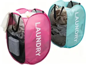 2Pack Mesh Pop Up Laundry Hamper, Two Sided Hamper Foldable Collapsible Portable Clothes Basket with Side Pocket for Home, Dorm, Nursery, Laundry Room, Travel, Cruise