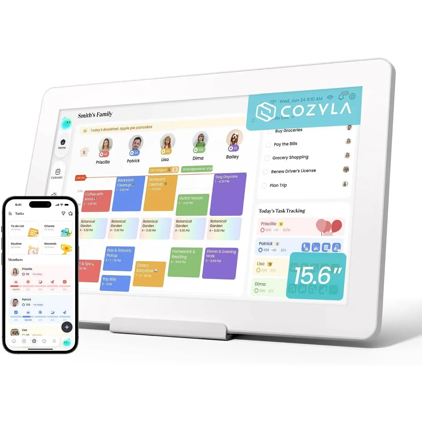 Cozyla Calendar Neo-15.6" Smart Digital Calendar Wall Touch Screen ＆ Desk | Family Voice Agent, Dual-Way Sync, Chore Chart＆Reward for Kids, Kitchen Meal Planner, Cozyla+App Access, Zero-Learning Setup