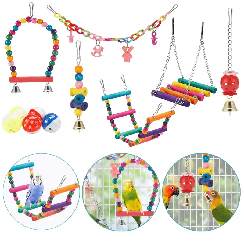 11-Pack Handmade Wood Bird Toys Set - Durable Bite-Resistant Climb & Chew Swing, Hanging Hammock, Climbing Ladder, Chewing Toy with Hook Mount for Playtime, Perfect Gift for Bird Friends (Budgerigar, Cockatiel)