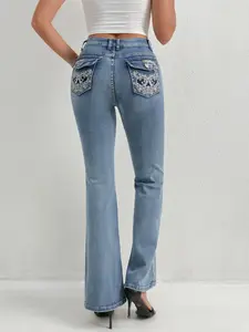 Chic Women's Casual Denim Mini Skirt Bodycon Fit with Embroidery and Button Details Faux Fur Trim for Stylish Outfits