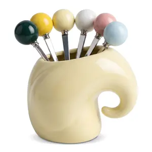 6PCS Dessert Fork Set – Reusable Stainless Steel Fruit Forks with Ceramic Cup Holder for Appetizers, Snacks & Desserts