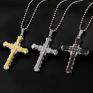 3-Pack Cross Border New Dark Knight Men's Necklaces - Domineering Three-Layer Design with Diamond Studded Cross Pendant, Foreign Trade Accessories