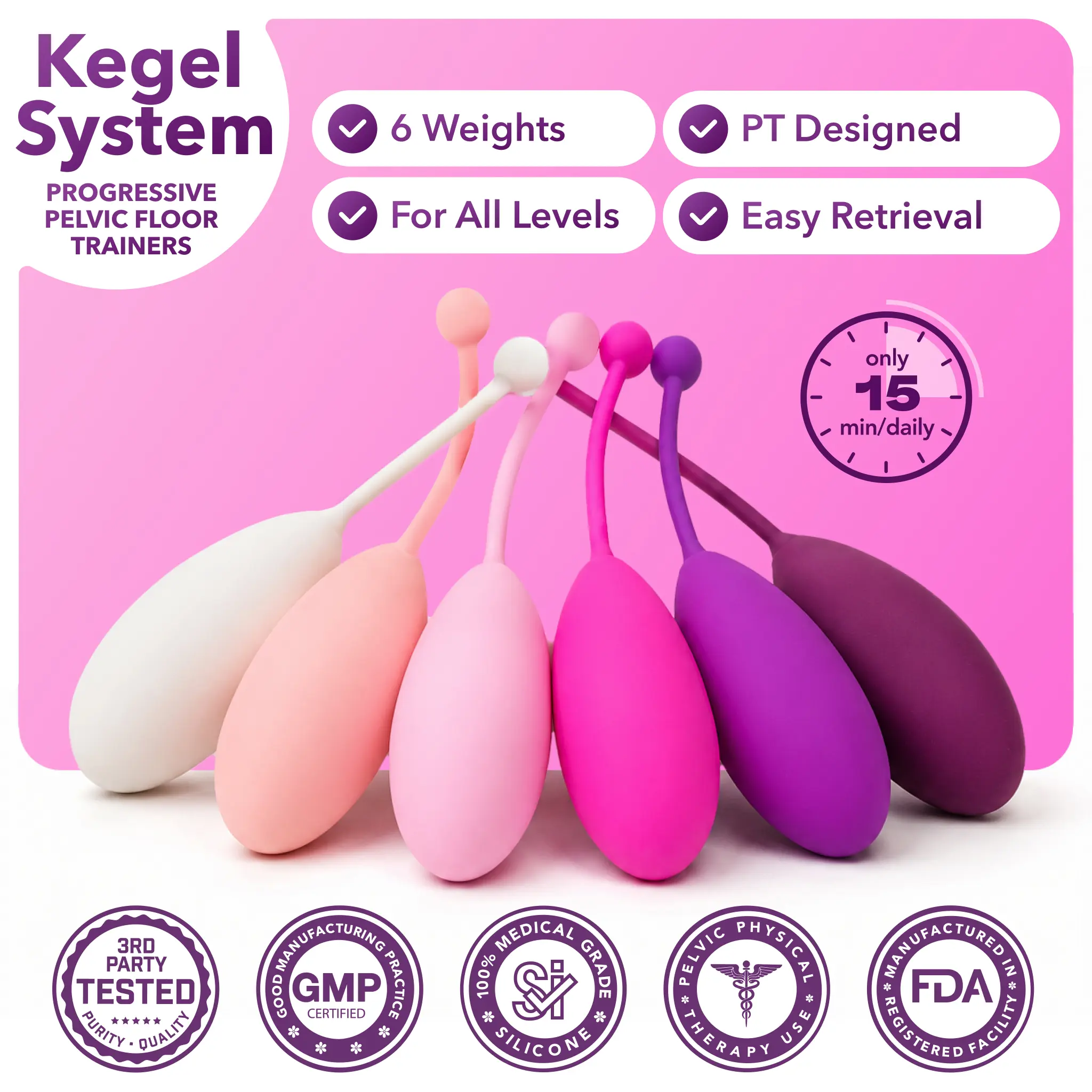 Kegel Exercise System - Pelvic Floor Exercises - Set of 6 Premium Silicone Kegel Exercise Weights & Control with Training Kit for Women: Beginners & Advanced