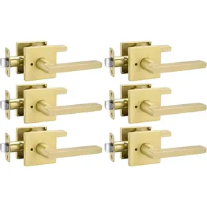 Gold Door Handles Interior, Zinc Alloy Heavy Duty Brushed Gold Interior Door Handles for Bedroom Bathroom, Modern Square Privacy Door Levers (6 Pack)