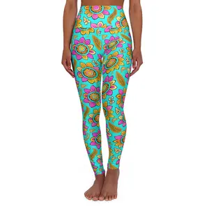 Teal Floral Pattern High Waisted Leggings | Colorful Boho Flowers