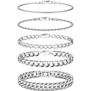 5 count Stainless Steel Mens Bracelet   Cuban Link Rope Figaro Cuban Chain Bracelets for Men Women 7.48/8.07/8.26 inches