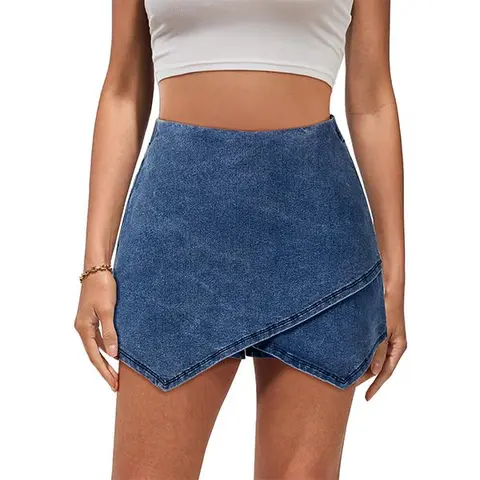 luvamia Jean Skorts for Woman High Waisted Pull On Stretchy Denim Wrap Skirt with Shorts Trendy Asymmetrical Skort