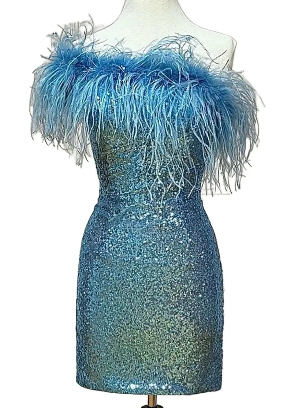 ZAPAKA Light Blue Sparkly Tight Sequins Homecoming Dress with Feathers for Special Nights Sequin & Feather Design Tailored Fit homecoming  outfits
