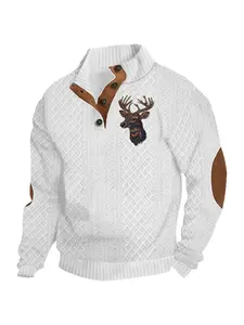 fall outfits Men's autumn and winter fashion jacquard diamond-patterned color-blocking top and hoodie, Christmas hit reindeer print, semi-open button design, brown patches on the elbows, high-quality outfit