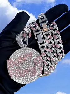 Punk Style Iced Out Bling Pendant Jewelry Set, 3-Piece Cuban Chain Necklace & Bracelet for Men Women, Hip Hop Accessory Gift Idea