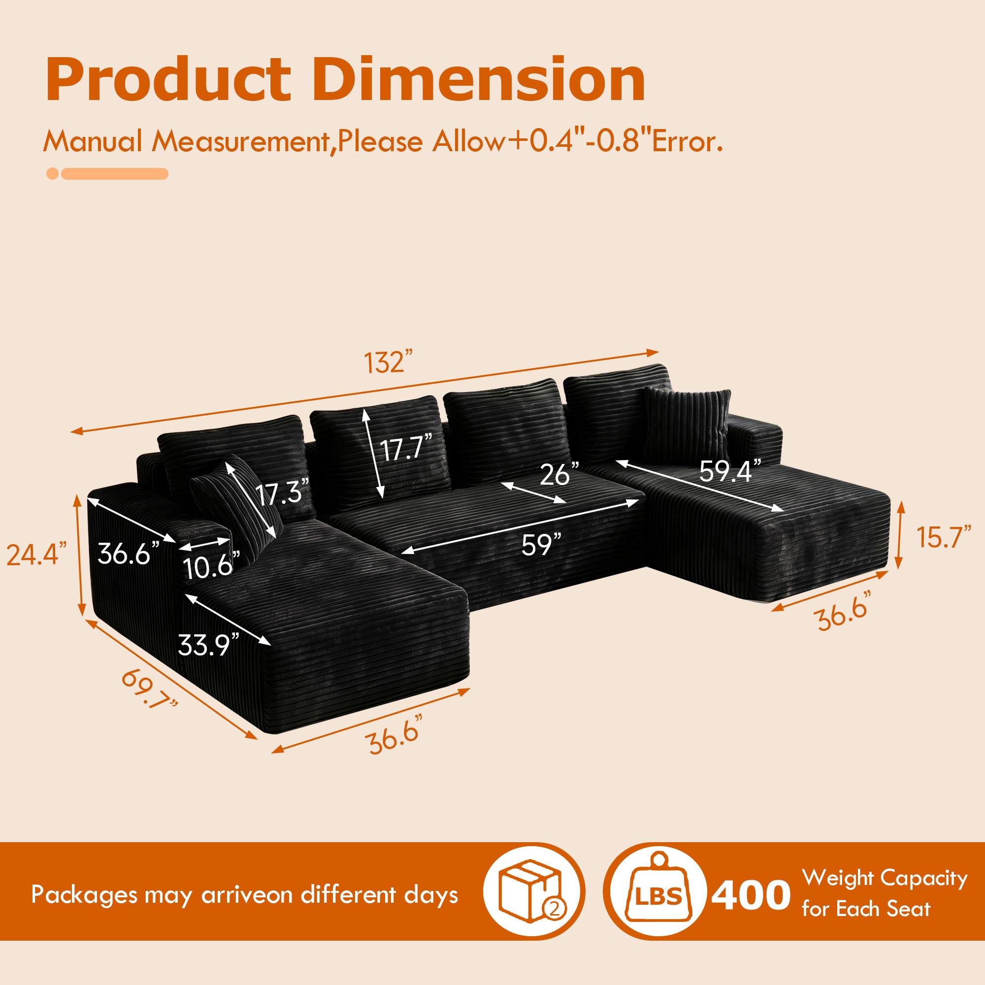 132-Inch Oversized Boneless Cloud U-Shaped Modular Sectional Sofa with Chaise, Modern Ruffled-Textured Couch, Deep Comfortable Seating, Tool-Free Assembly, 2-Separate-Package Shipment, Ideal for Living Rooms