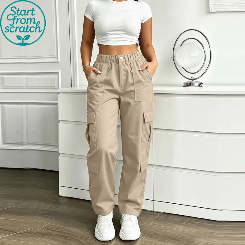 Women’s high-waisted loose cargo pants, gender-neutral casual style, versatile design with side pockets, machine washable and easy to care for, suitable for everyday wear across various occasions.
