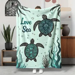 Soft Flannel Blanket, "Love Sea" Teal Sea Turtle & Ocean Print Warm Cozy Nap Throw, Durable Home & Office Couch Blanket, Bedroom Decor Accessories, Beach & Marine Lover Room Decor