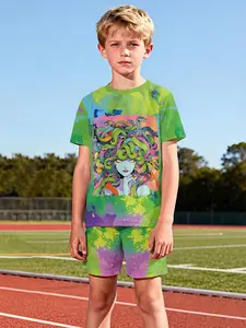 Green and purple Medusa two-piece short-sleeve shorts set, 100% polyester casual loose-fit set, fun printed patterns for summer, outdoor sports T-shirt set, perfect gift for boys