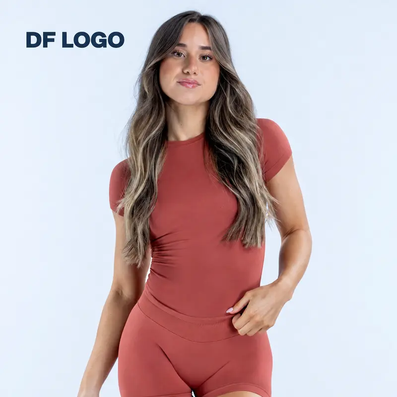 (With logo)DF Impact Women’s 2-Piece Matching Sets, Sculpting Short-Sleeve Gym Top, High-Waisted Butt-Lifting Shorts, Yoga Workout Outfit, Women's Workout Sets