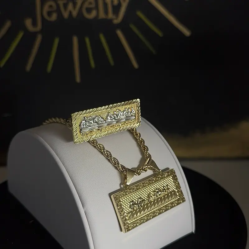 CEJEWELRY Unisex Gold Plated Last Supper Charm Square Jewelry Set - 24in Rope Necklace (24" drop), 9-10/10-11/11-12 Size Rings, Elegant Anniversary Gift, 24 In, Rope 24" Drop