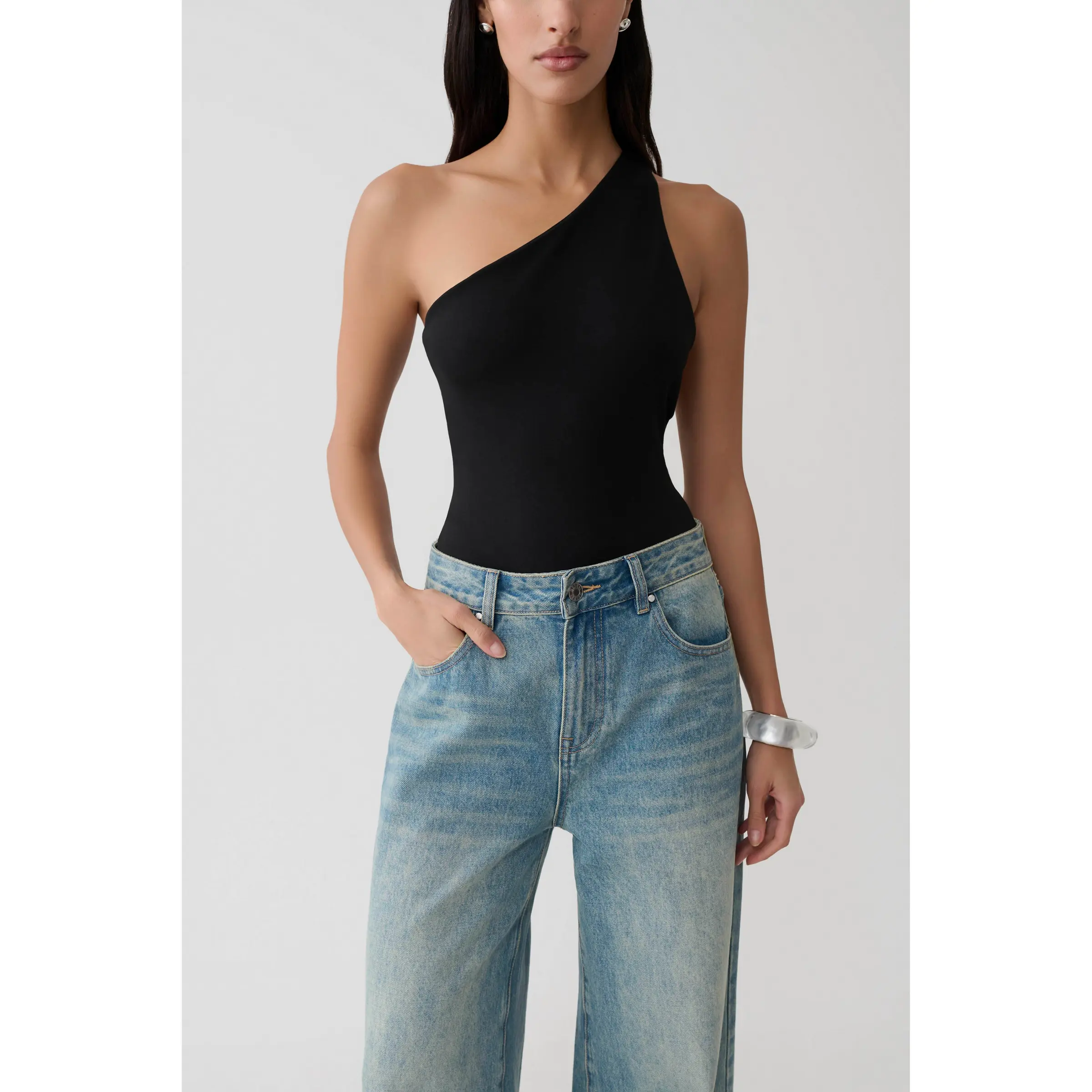 Kuru Asymmetric Back Ponte Bodysuit - Black