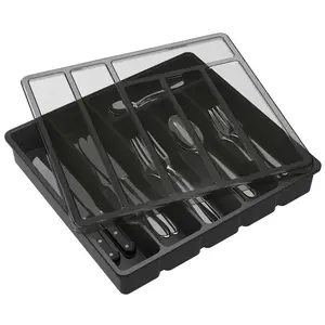 Covered Cutlery Organizer — Lidded Cutlery Tray for Kitchen Drawers and Countertops; Plastic Storage Box (for Storing Spoons, Forks, and Knives)