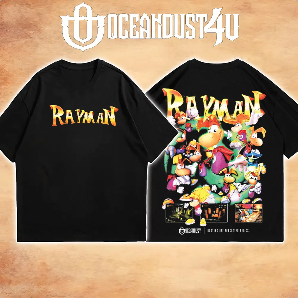 OceanMOB4U Rayman Character Black T-Shirt, Front and Back Graphic Gaming Tee, Retro Platform Adventure Video Game Shirt, Unisex Gamer Gift