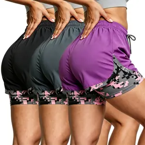 Women’s casual athletic shorts three-piece set with built-in lining to prevent exposure, drawstring design, elastic waistband; suitable for outdoor sports, fitness, running, and everyday casual wear.