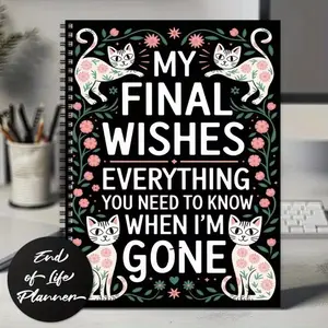 My Final Wishes Life End Planning Workbook, Spiral Bound Planner, Guided Notebook for Will Preparation and Funeral Arrangements, Floral Design with Cat Patterns