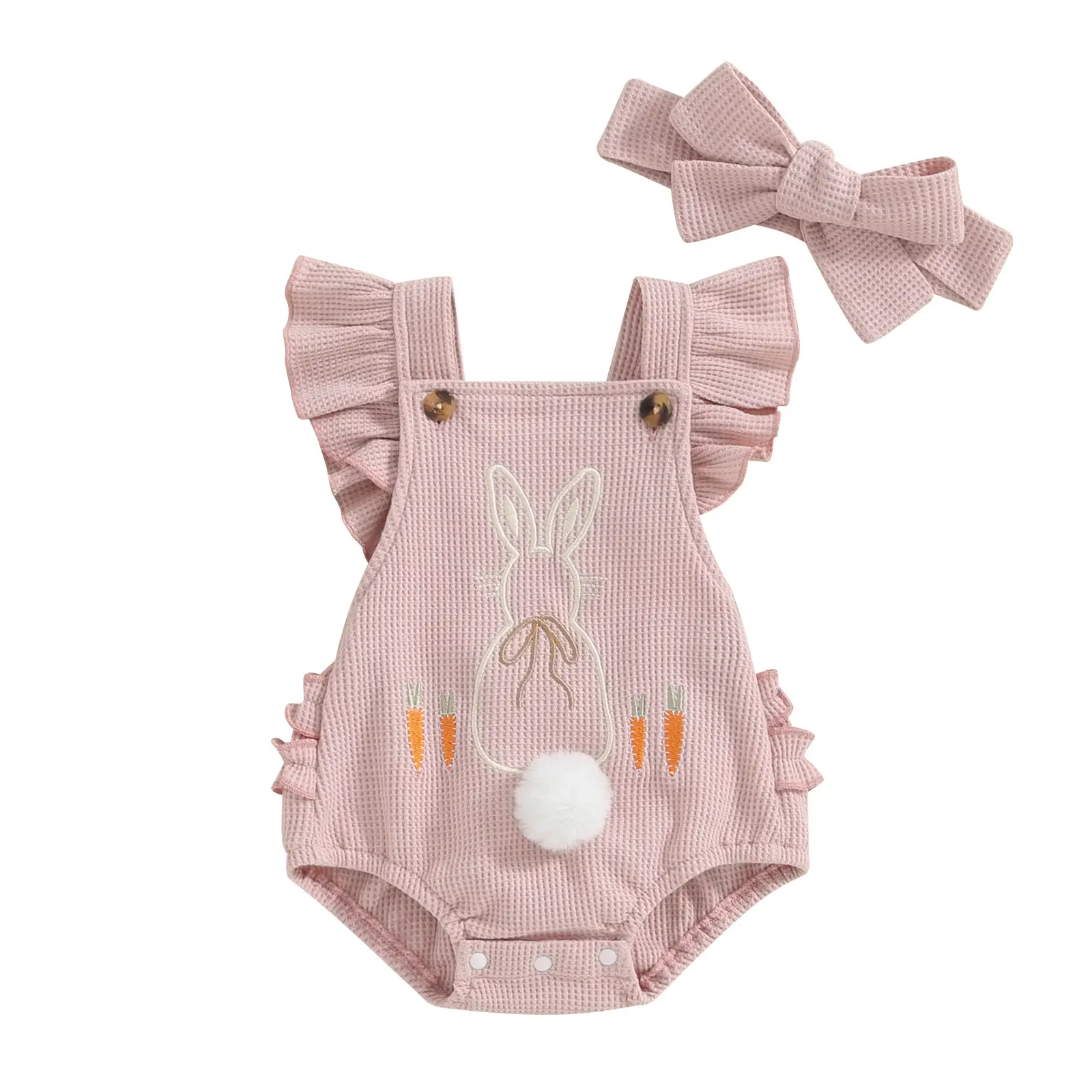 Baby Girls Clothing Romper - Cotton Frill Design, Bunny Carrot Embroidery, My First Easter Outfit for 0-18M Infants (3-6 Months Inclusive)
