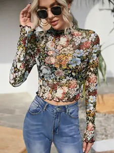 Lettuce Edge Floral Mesh Top Long Sleeve Shirt Blouse, Casual Slim-Fitting All over Print, Ditsy Floral Pattern, All Seasons Wear, Womenswear