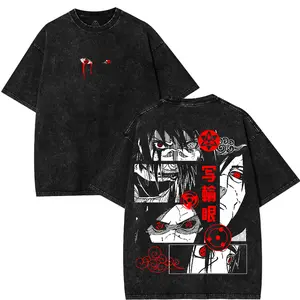 Men's Uchiha Clan x Sharingan Naruto Anime Graphic Tshirt - 100% Cotton, Oversize, Acid-Washed, Round Neck, Short-Sleeve, Seamless Streetwear Top, S-5XL Fit, 90s Gift for Anime Lovers