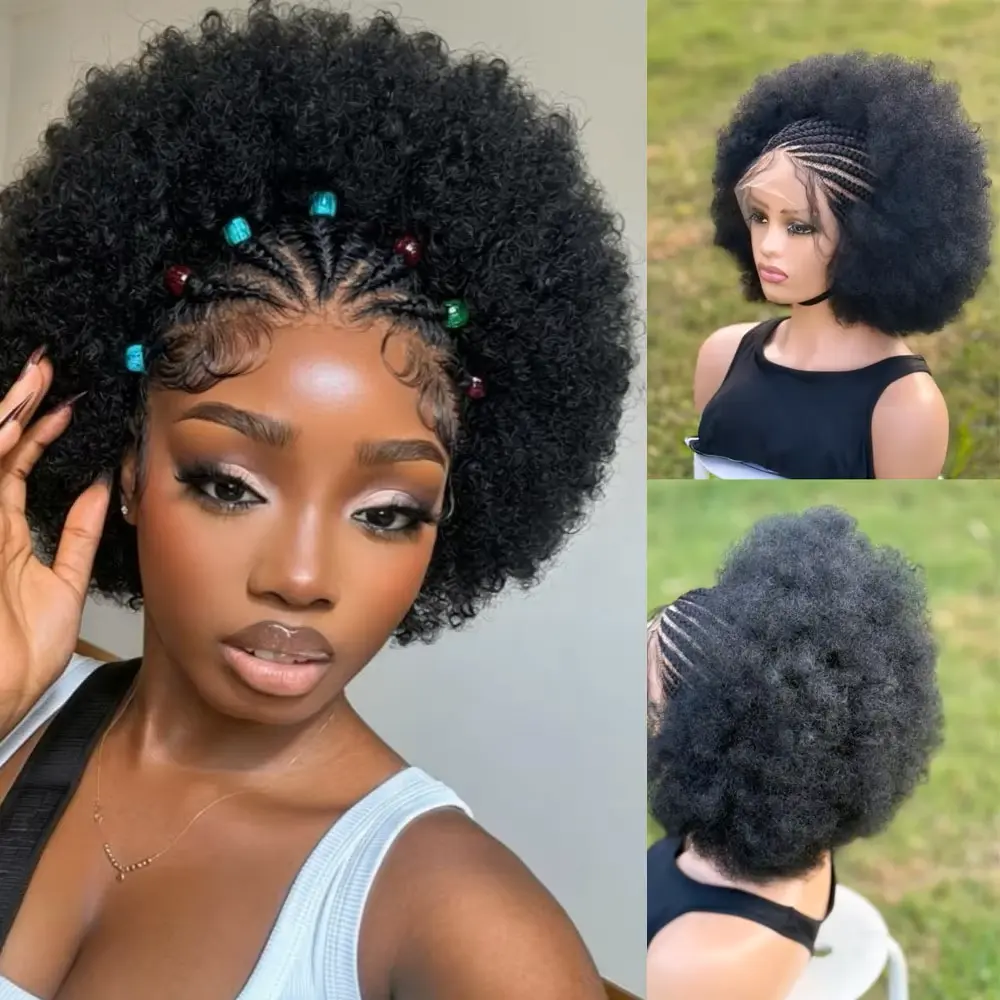 Afro Braid Wigs Human Hair Afro Bob Wigs 180% Density Afro Curly Braid Wig 13x4 Lace Front Wigs Human Hair Transparent Lace Frontal Wigs With Baby Hair Preplucked Hair Small Knots Short Bob Wigs For Black Women
