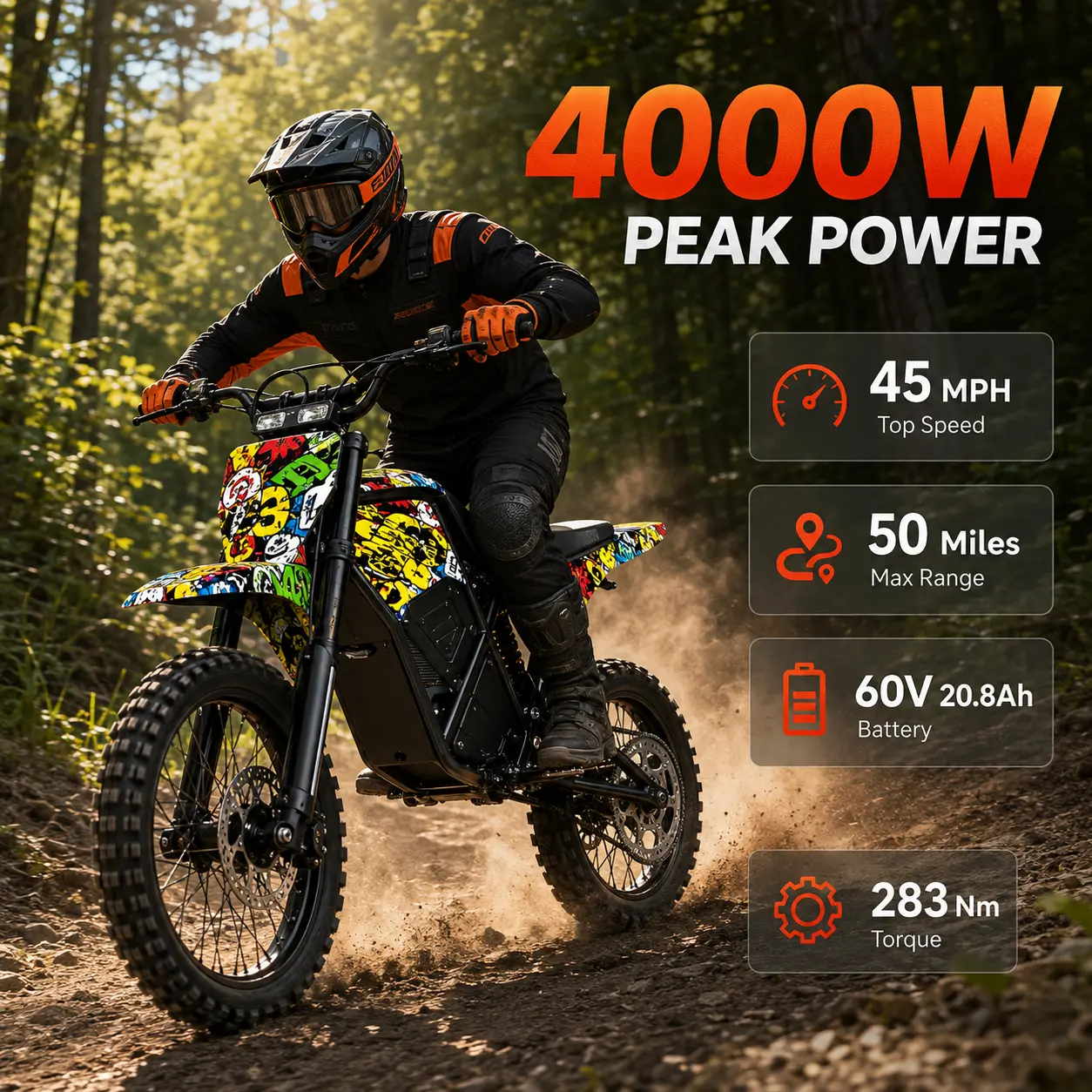 New Electric Bicycle for 2026 Adopts a Full Suspension System, Maximum Speed of 45 MPH, 60V 20.8Ah Battery, 4000W Peak Power, Riding Range Up to 50 Mi, 14/12-Inch Knobby Tires, 283Nm Torque, 350 LBS Load Capacity