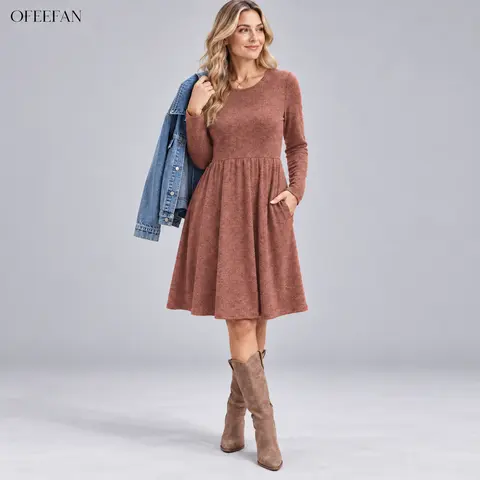 OFEEFAN Womens Long Sleeve Fall Dresses with Pockets Crew Neck Babydoll Casual Winter Dress 2026