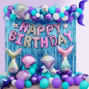 Little Mermaid Theme Birthday Party Decorations Supplies for Girls Kids, Purple Mermaid Tail Seashell Foil Balloons Garland Arch Kit for Room Outside Backdrop