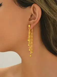 Elegant Long Dangle Earrings, Long Tassel, Copper Material Electroplated, Fashionable Minimalist Design, Geometric Hollow Style Jewelry