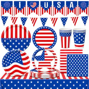 99PCS Red White Blue Disposable Party Tableware Set, Serves 24, Plates Cups Napkins Tablecloth & 2 Banners
