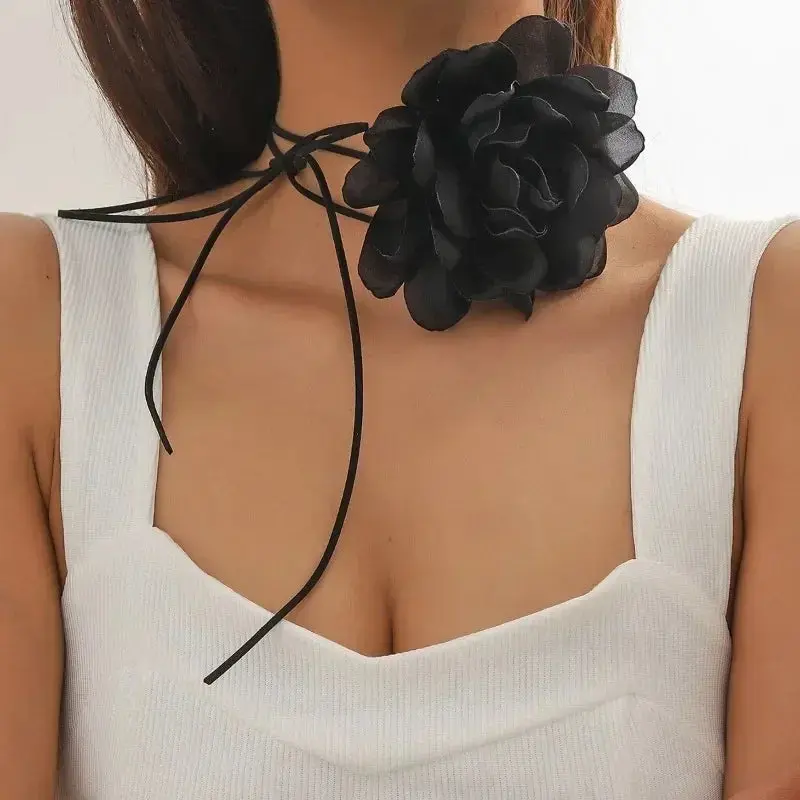 Satin Rose Choker Necklace - Oversized 3D Flower Tie-Up for Wedding Guest & Prom