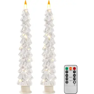 2 Pack White Christmas Tree LED Taper Candles, Flameless Flickering Candles with Copper String Lights, Upgraded Realistic Flame Effect, Battery Operated with Remote for Christmas Home Decoration